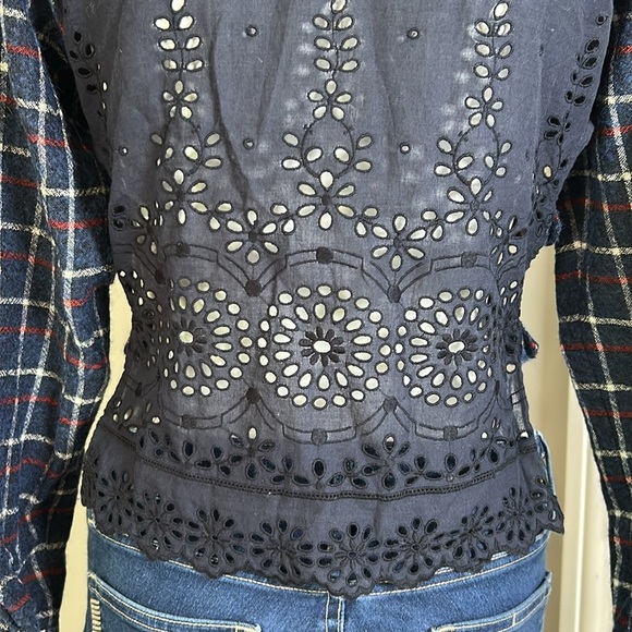 Sea New York Wool Plaid Crop Top Eyelet Lace Back Long Sleeve Navy Blue Sz 2 - Picture 8 of 13